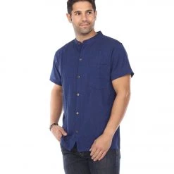 Yak & Yeti Men's Button Up Kurta Shirt Solid Color Navy