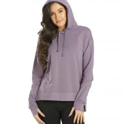 CLOTHING Everyday Yoga Diverse Solid Hi-Low Hooded Sweatshirt Purple Taupe