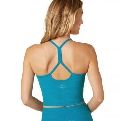 NEW ARRIVALS Beyond Yoga Spacedye Slim Racerback Cropped Tank Cerulean Blue Heather