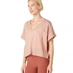 CLOTHING Beyond Yoga Deep V Pocket Tee Light Almond Butter Heather