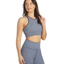 Spiritual Gangster High Neck Jacquard Stripe Bra Navy Print Stripe