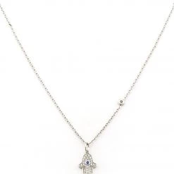 ACCESSORIES TAI Jewelry Simple Chain Necklace With CZ Hamsa Charm And CZ Accent Silver