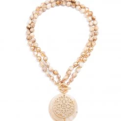 Zenzii Marbled Resin Beaded Pendant Necklace Beige