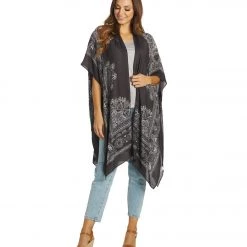 NEW ARRIVALS Yak & Yeti Boho Floral Medallion Kimono Wrap Dark Brown